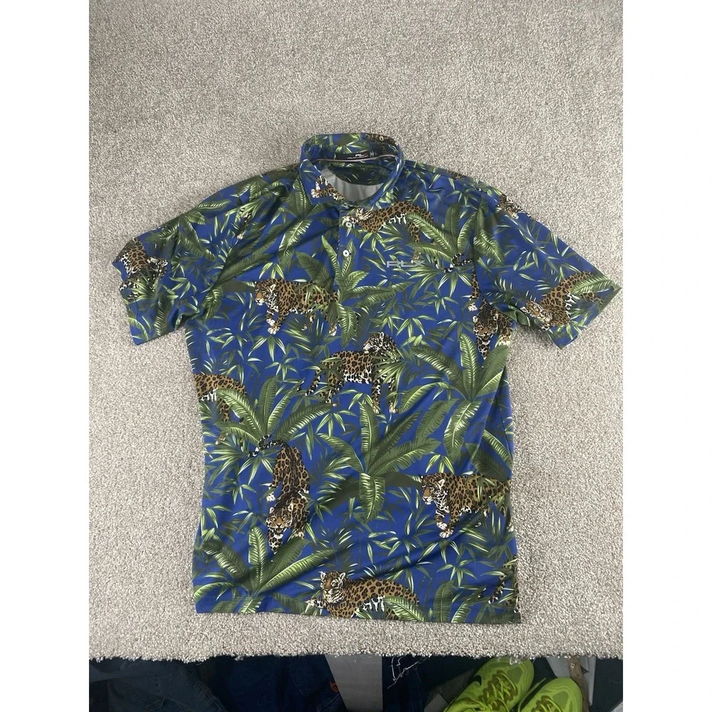 Ralph Lauren RLX Golf Polo Shirt‎ All Over Floral Jaguar Big Cat Hawaiian Mens L